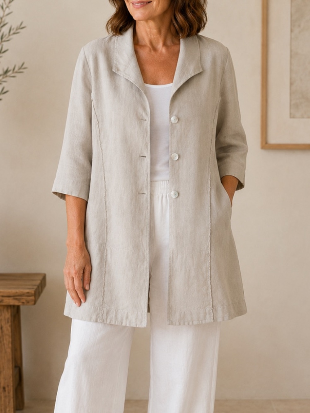 Cut loose Stone Beige Open Linen Jacket